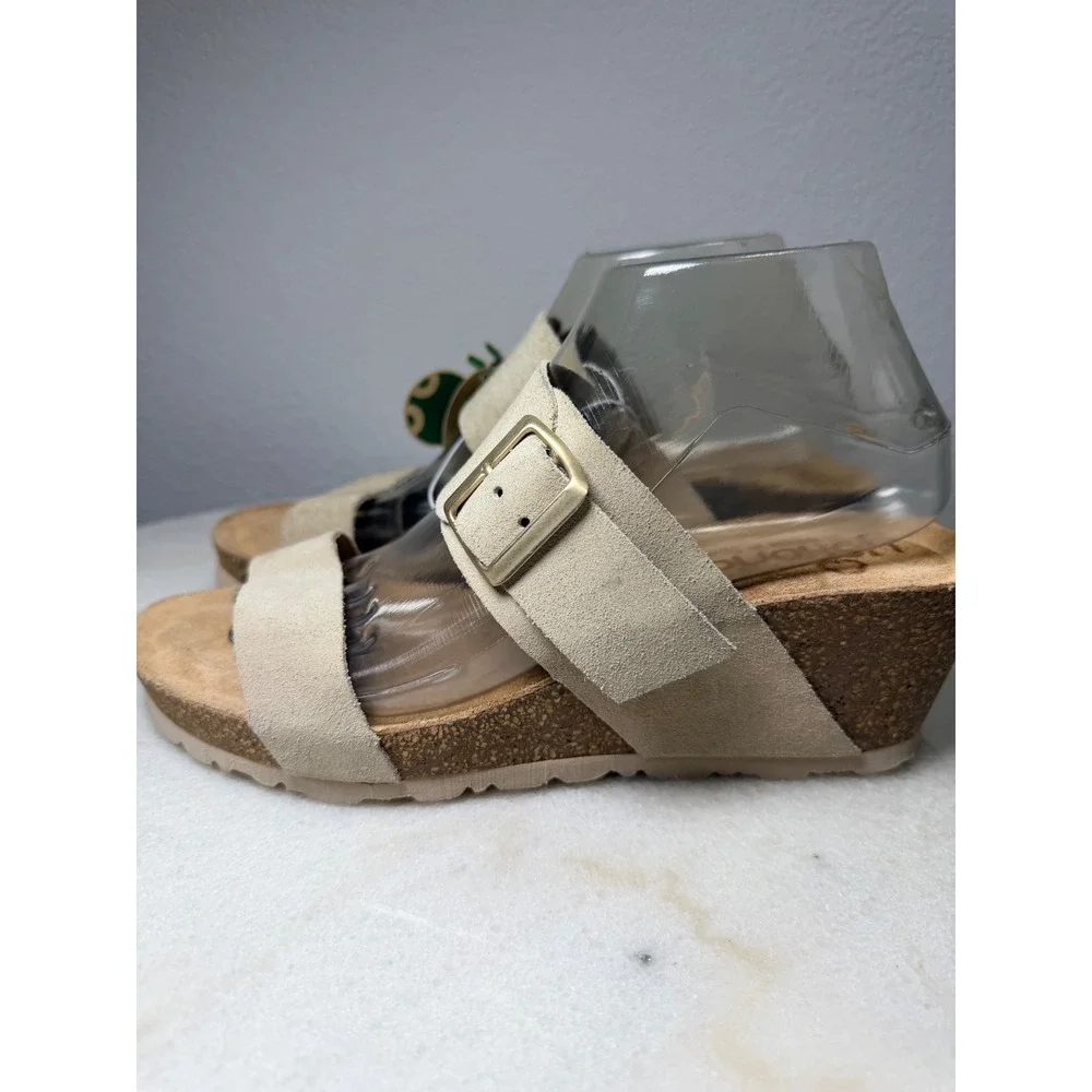 Yokono Womens Beige Suede Leather Cork Wedge‎ Buckle Slide Sandals Size 9 Spain